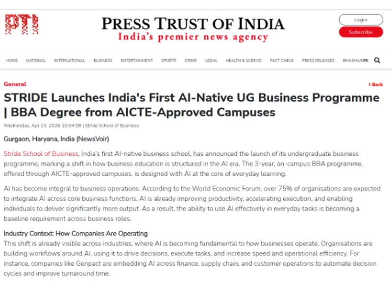 Press Trust of India article on Stride School of Business launch