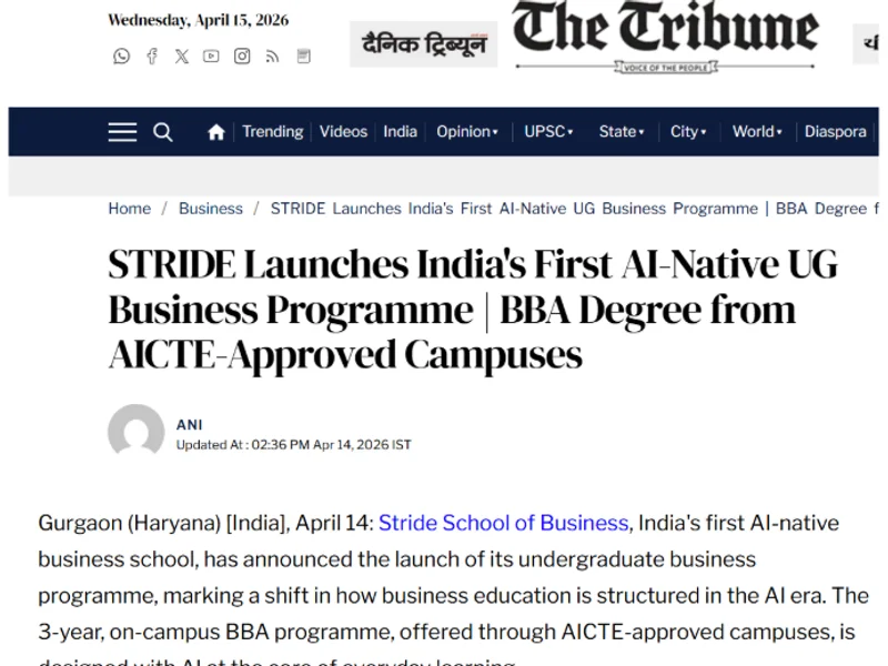 The Tribune article on Stride School of Business AI-native BBA programme